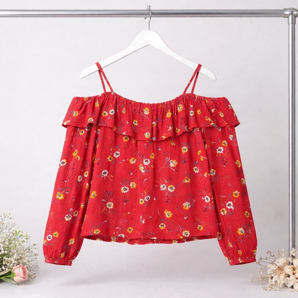 Maurices Red Floral Cold-Shoulder Ruffle Blouse Size Medium. Great Condition - Picture 13 of 16